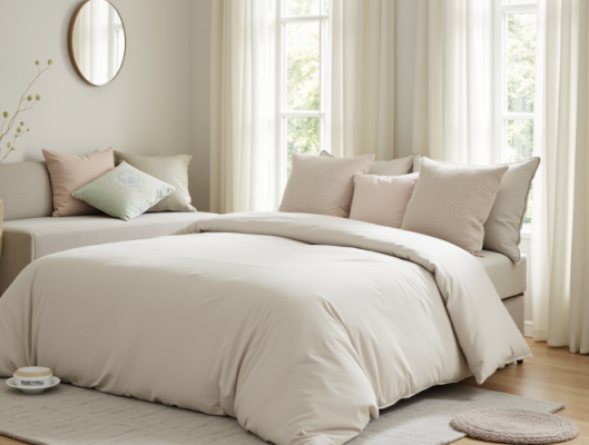 a cozy and peaceful bedroom featuring a soft cotton or linen duvet with matching pillow covers comp lw6w9up1wvx74dch3hif 1 e1747652115324 چگونه با منسوجات خانه، اتاق خواب‌تان را به یک پناهگاه آرامش تبدیل کنید؟