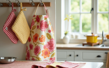 a cozy and well lit modern kitchen with textile accessories neatly arranged colorful cotton oven m oyuoaicyucf3n13jg8h6 3 راهنمای خرید سرویس آشپزخانه: چه پارچه‌ای برای دستگیره و پیش‌بند مناسب‌تر است؟